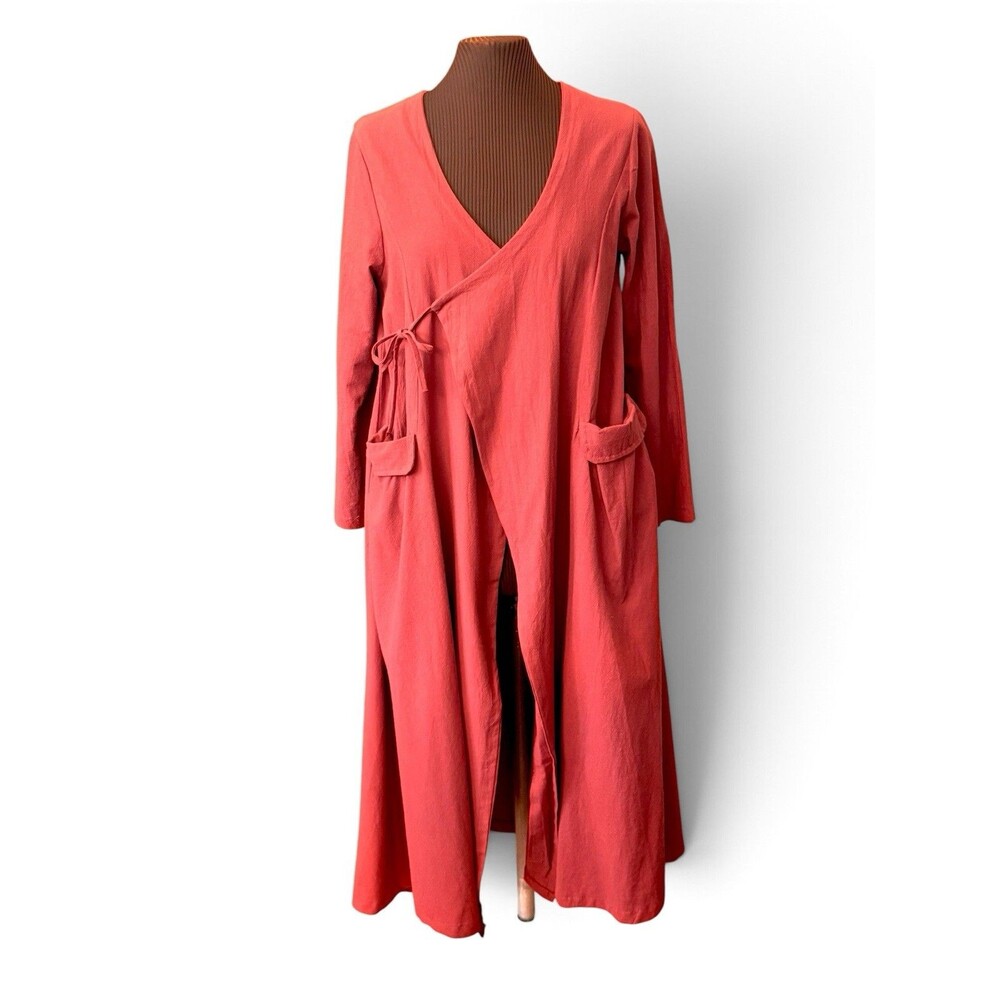 Korean Boutique Burgundy Red Crinkle Cotton Hanbok Style Wrap Duster Size L